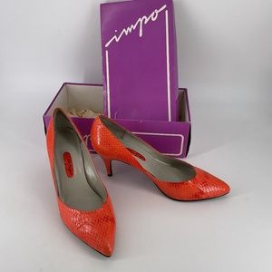 Vintage 80's Orange Tiger lily Snakeskin IMPO Low Heel pumps 9 1/2 w/ box